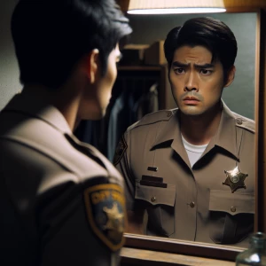 A deputy sheriff staring into a mirror with a frown, reflecting...