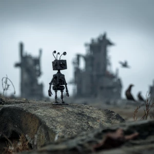 Small black silhouette of the robot to walk through a ruined cit...
