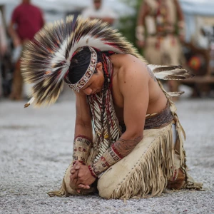 Native American man wearing traditional regalia with buckskin pa...