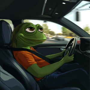 pepe meme in GTA style driving a car