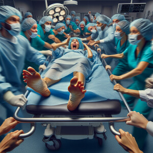 34 year old panicked Spanish woman wearing surgical bouffant cap...