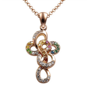 Design an elegant and intricate cross pendant adorned with color...