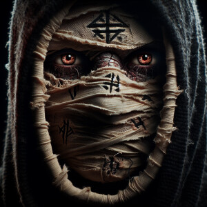Create a hyperrealistic and cinematic close-up image of a mummy-...