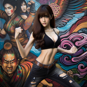 Athletic Thin skinny Attractive, Asian teenage girl, long brown hair and bangs, wearing tight skinny jeans and a halter top paint marks on her clothing, heroic pose Asian graffiti background