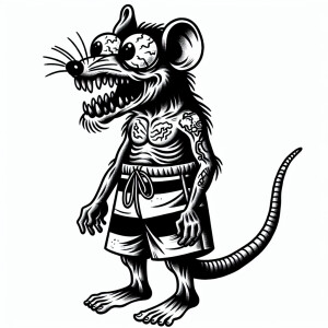 A cartoonish zombie rat fink with bulging eyes, wearing long boa...