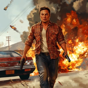 Elon Musk..walking away from cars exploding, 90's clothing, hold...