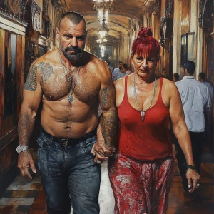Hyperrealistic painting.A sweaty beefy man walking with his 54 y...