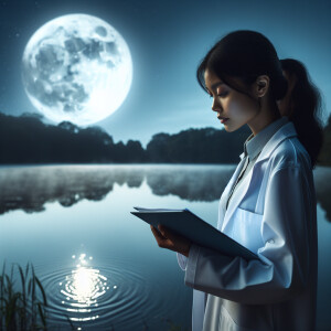 One young researcher approaches the lake. There is a moon in the...