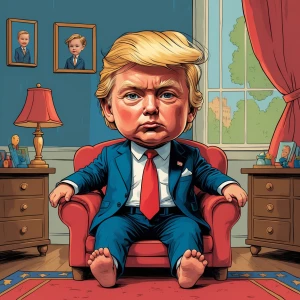 baby Trump in children room, use carton and satirical art style