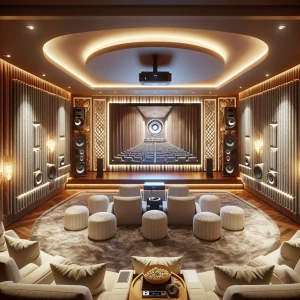 A home theater with a projector screen