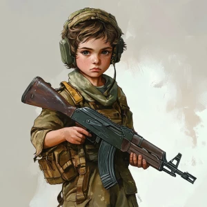 Russian kid soldier in contemporary military attire, holding an...