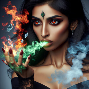 female with red eyes, shooting fire from her one of her palms an...