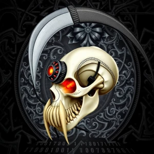A biomechanical skull with a scythe-like horn curving forward, g...