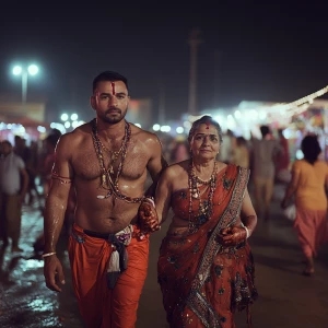 A muscular Gujarati man, glistening with sweat, escorts his 54-y...