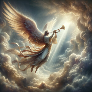 Create an image of an arc angel, blowing his trumpet coming in the clouds