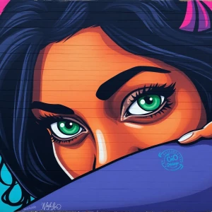 Design a 3D street art mural in a graffiti style, depicting a wo...