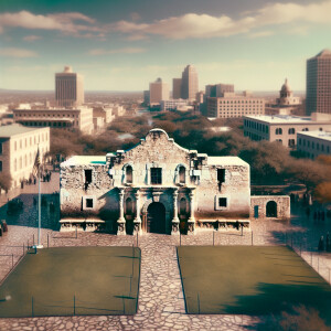 4k quality, drone over the Alamo, in the 1960s, daylight, the vi...