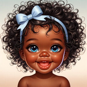 "Create a digital portrait of an adorable african-American baby girl with a joyful expression. Her big, bright blue eyes are wide with wonder, and her tiny mouth is shaped in a happy grin. Her skin has a warm, honey-brown tone, and she has an abundance of curly black hair, playfully tied up with light blue bows. The background is soft and neutral to keep the focus on her delightful features. The portrait should be vibrant and heartwarming, celebrating the innocence and charm of childhood."