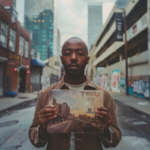 A bald African American man holding up the album cover of 'Texas...