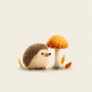 Little hedgehog next to medium mushroom, cozy vintage style, war...