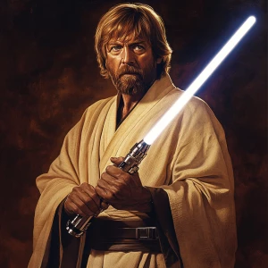 Create an image of Chuck Norris dressed in traditional Jedi robe...