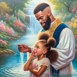 An oil painting of a light-skinned African-American pastor with...