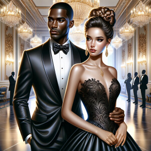 Depict an African American duo at a lavish gala. The gentleman s...