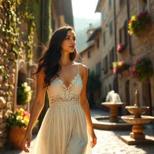 “A cinematic shot of Dahlia Valentina arriving at a sunlit stone...