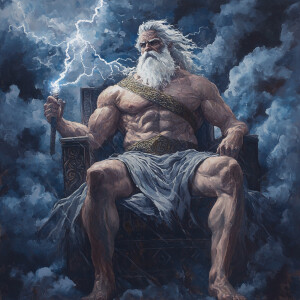 Create an image of Zeus, the Greek god of the sky and thunder, d...