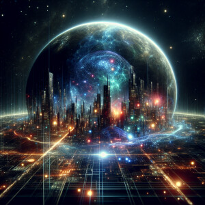 A luminous artificial planet suspended in the still darkness of...