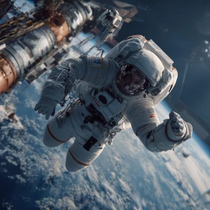 Create an image of an astronaut wearing a space suit, visibly fl...