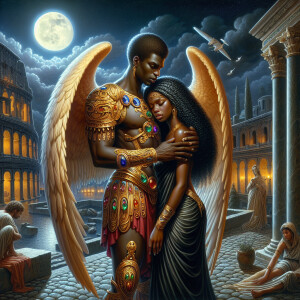Create an oil painting image featuring a male angel and a grievi...