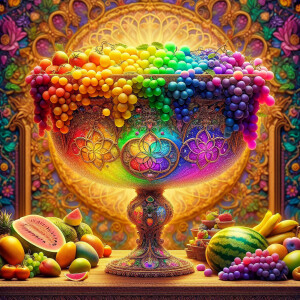 Draw a table with mangoes and watermelons and purple grapes, ove...