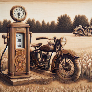 1920 gas pump sitting in a field, 1920 Indian motorcycle proped...
