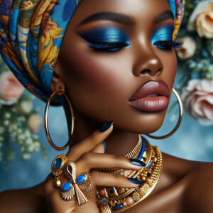 Create an image of an african-American, graceful woman , striking blue eyeshadow, and full lips. She wears large, golden hoop earrings and multiple necklaces, one with a prominent ankh pendant. Her hair is hidden beneath a vibrant, patterned head wrap in shades of blue, yellow, and orange. Her nails are painted dark blue, complementing her eyeshadow, and her fingers are adorned with a large, ornate gold ring. She poses elegantly against a background filled with soft pastel flowers, highlight her beauty