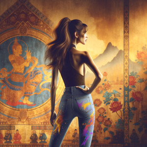 Athletic Thin skinny Attractive, Asian teenage girl, long brown hair and bangs, wearing tight skinny jeans and a halter top paint marks on her clothing, heroic pose Asian graffiti background, backside view