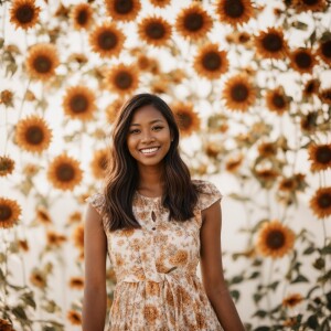 A cute woman

Californian

Smiling 

Clothes: Floral Dress

Look...