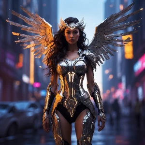 In a twilit, decrepit cityscape, an urban Athena strides forward...