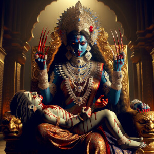 portrait of angry looking goddess kali, blue skinned, sitting on a gold crown and carrying a weak mahishasur on her lap and stabbing him with her amazing long red finger nails. She is wearing diamond armor, a huge diamond crown, red saree, abundant diamond jewelry, covered in blood. The scene is set in ancient India. The image is 8K resolution, cinematic, ultra detailed face and epic.