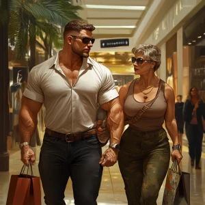 Photorealism,fantasy,a man(beefy muscular criminal)walking(shopp...
