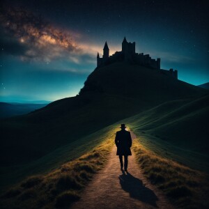 Silhouetted of a man against an array of dynamic, walking down t...