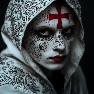 A close-up portrait of a person with a white face painted with i...