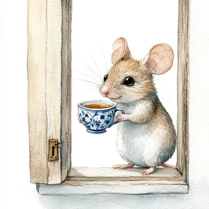Mouse in open door, watercolor, holding a tiny blue delft cup of...