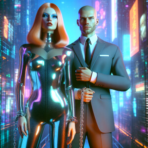 Female, ginger hair, fair skin, in latex suit, chained up by mas...