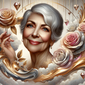 A horizontal portrait of a thi, smiling heavier curvy
set 80-ye...