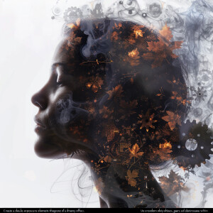 “Create a double exposure image that features the profile of a w...