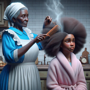 Create a realistic 3-D image of an african-American grandmother wearing a blue house dress and a white apron . She is in the kitchen with her african-American granddaughter. Her granddaughter is wearing a pink bath robe. The grandmother has a hot comb in her hand and she is straightening her granddaughters hair. One side of her granddaughters hair is in  a Afro the other straight 
There is smoke coming from the hot comb
The granddaughter is making a face as if to say grandma that hurt