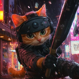 A wide-eyed ginger cat wearing a black tactical balaclava (or ma...