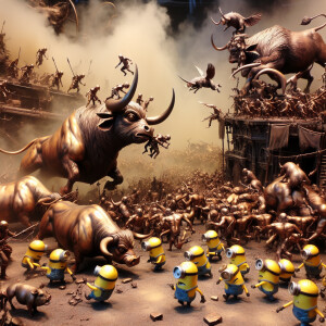 army of copper bulls and minions fight with pigs