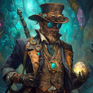 A time-worn adventurer with a steampunk flair, sporting a tatter...